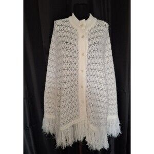 Vintage 70s Crochet Cape Shawl Poncho Fringe Collar Button Up Ivory Boho Cottage